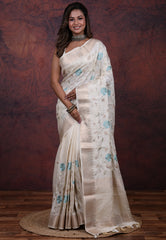 Silver Cream Colour  Tussar Kantha Silk Saree With Blouse Piece - Adi Akshoy & Co.
