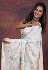 Silver Cream Colour  Tussar Kantha Silk Saree With Blouse Piece - Adi Akshoy & Co.