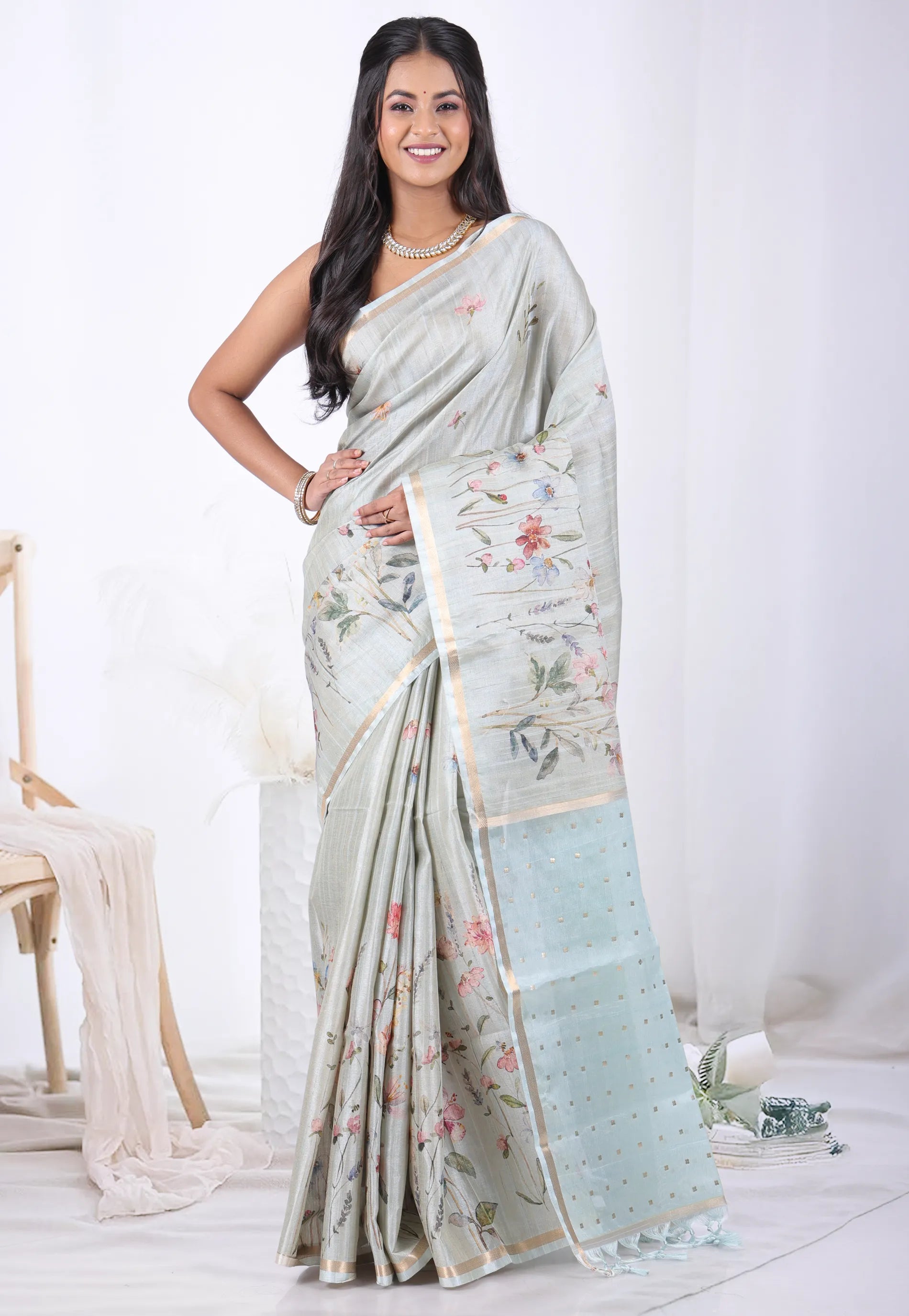 Sage Green Tussar Silk Saree with Blouse Piece  – Adi Akshoy & Co.