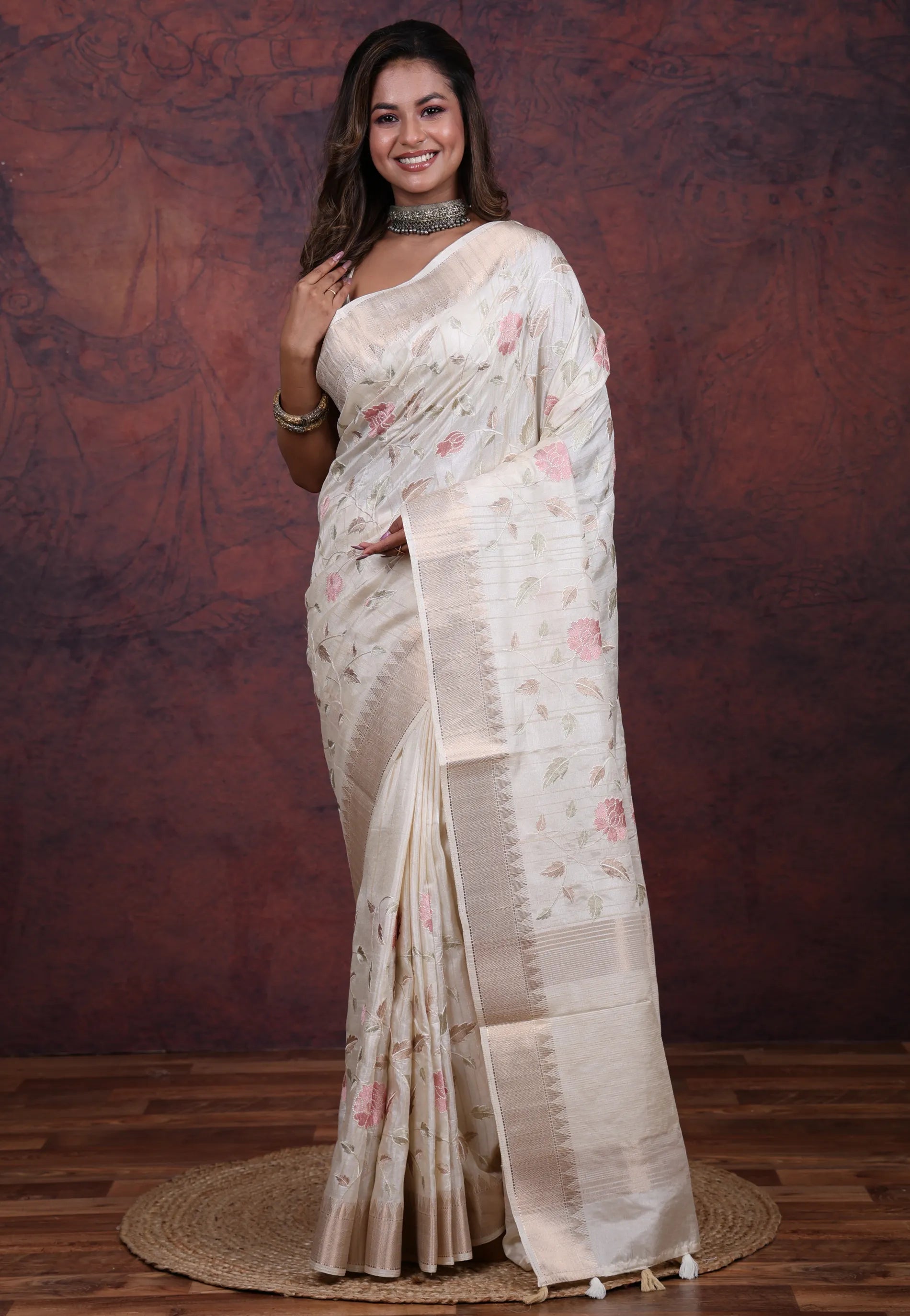 Silver Cream Colour Tussar Kantha Silk Saree With Blouse Piece - Adi Akshoy & Co.