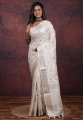 Silver Cream Colour Tussar Kantha Silk Saree With Blouse Piece - Adi Akshoy & Co.