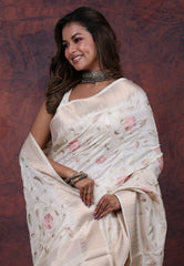 Silver Cream Colour Tussar Kantha Silk Saree With Blouse Piece - Adi Akshoy & Co.