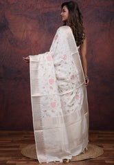 Silver Cream Colour Tussar Kantha Silk Saree With Blouse Piece - Adi Akshoy & Co.