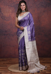 Blue Tussar Kantha Silk Saree With Blouse Piece - Adi Akshoy & Co.