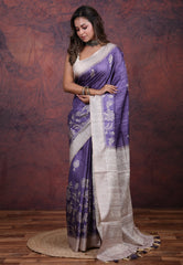 Blue Tussar Kantha Silk Saree With Blouse Piece - Adi Akshoy & Co.