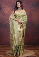 Olive Green Pure Tussar Dhakai Jamdani Saree with Blouse Piece - Adi Akshoy & Co.
