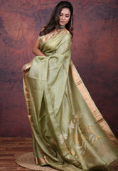 Olive Green Pure Tussar Dhakai Jamdani Saree with Blouse Piece - Adi Akshoy & Co.