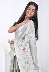 Sage Green Tussar Silk Saree with Blouse Piece  – Adi Akshoy & Co.