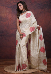 Cream White Tussar Kantha Silk Saree With Blouse Piece - Adi Akshoy & Co.