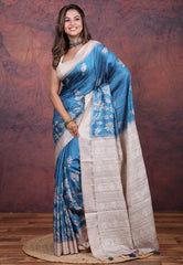 Firoza Blue Tussar Kantha Silk Saree With Blouse Piece - Adi Akshoy & Co.