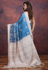 Firoza Blue Tussar Kantha Silk Saree With Blouse Piece - Adi Akshoy & Co.