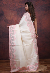 Off White Tussar Kantha Silk Saree With Blouse Piece - Adi Akshoy & Co.