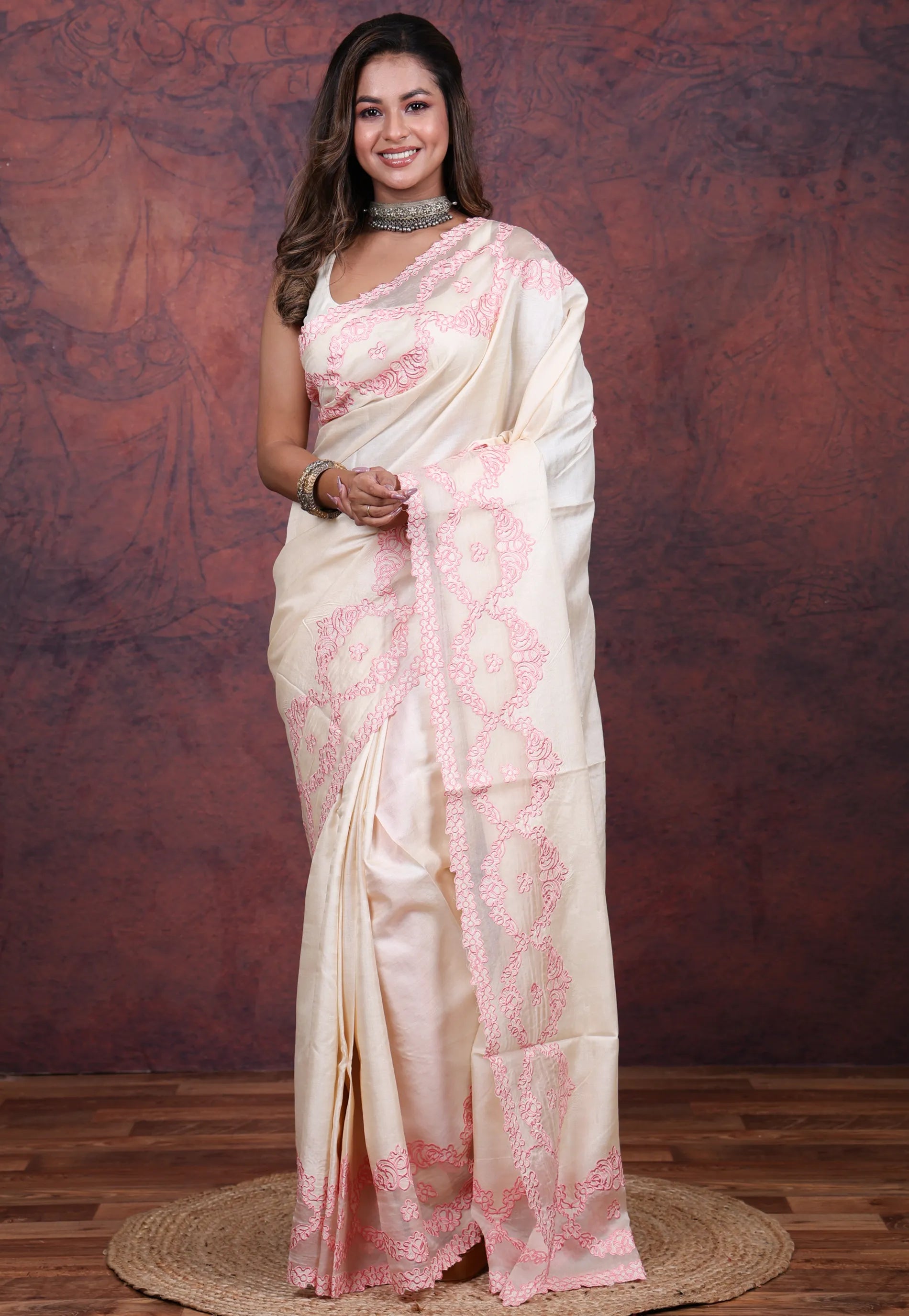 Off White Tussar Kantha Silk Saree With Blouse Piece - Adi Akshoy & Co.
