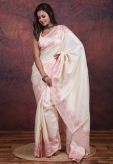 Off White Tussar Kantha Silk Saree With Blouse Piece - Adi Akshoy & Co.