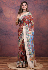 Maroon Tussar Kalamkari Silk Saree with Blouse Piece - Adi Akshoy & Co.