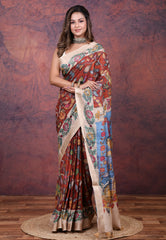 Maroon Tussar Kalamkari Silk Saree with Blouse Piece - Adi Akshoy & Co.