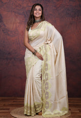 Cream Pure Tussar Kantha Silk Saree With Blouse Piece - Adi Akshoy & Co.