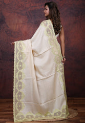 Cream Pure Tussar Kantha Silk Saree With Blouse Piece - Adi Akshoy & Co.
