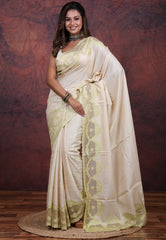 Cream Pure Tussar Kantha Silk Saree With Blouse Piece - Adi Akshoy & Co.
