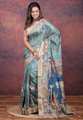 Sea Blue Tussar Kalamkari Silk Saree with Blouse Piece - Adi Akshoy & Co.