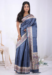 Navy Blue Tussar Silk Saree with Blouse Piece  – Adi Akshoy & Co.