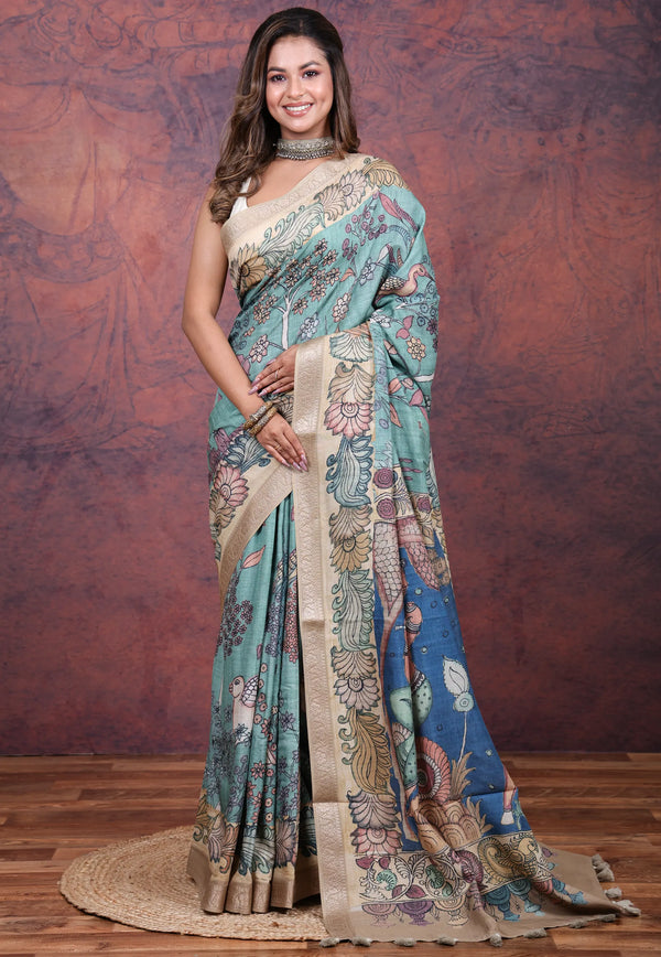 Sea Blue Tussar Kalamkari Silk Saree with Blouse Piece - Adi Akshoy & Co.