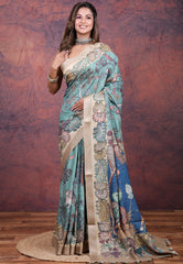 Sea Blue Tussar Kalamkari Silk Saree with Blouse Piece - Adi Akshoy & Co.