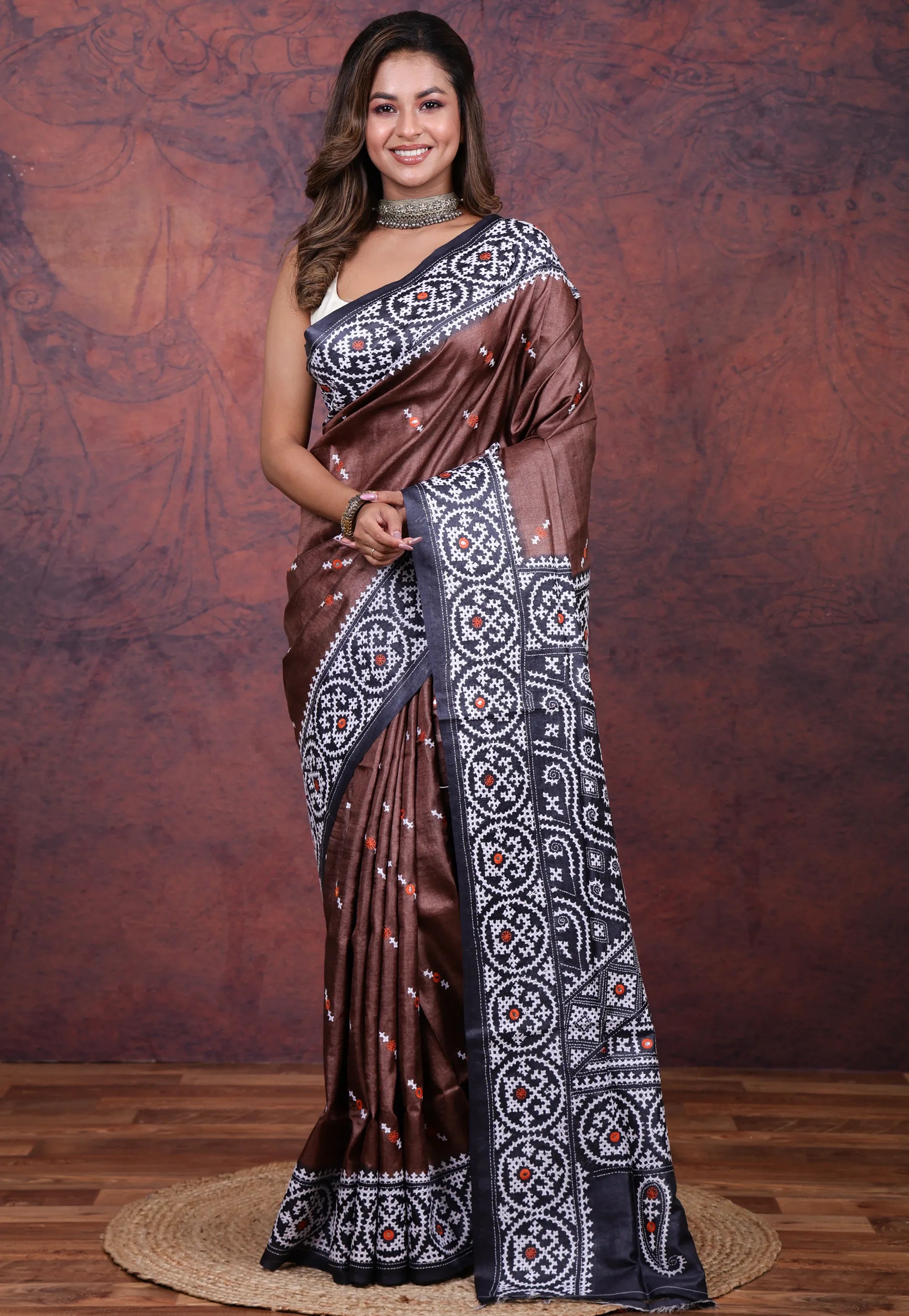 Brown Pure Tussar Kantha Silk Saree With Blouse Piece - Adi Akshoy & Co.