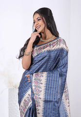Navy Blue Tussar Silk Saree with Blouse Piece  – Adi Akshoy & Co.