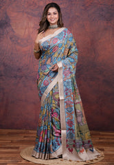 Multi Colour Tussar Kalamkari Silk Saree with Blouse Piece - Adi Akshoy & Co.
