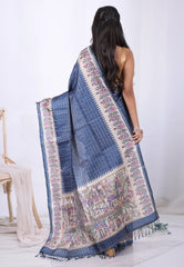 Navy Blue Tussar Silk Saree with Blouse Piece  – Adi Akshoy & Co.