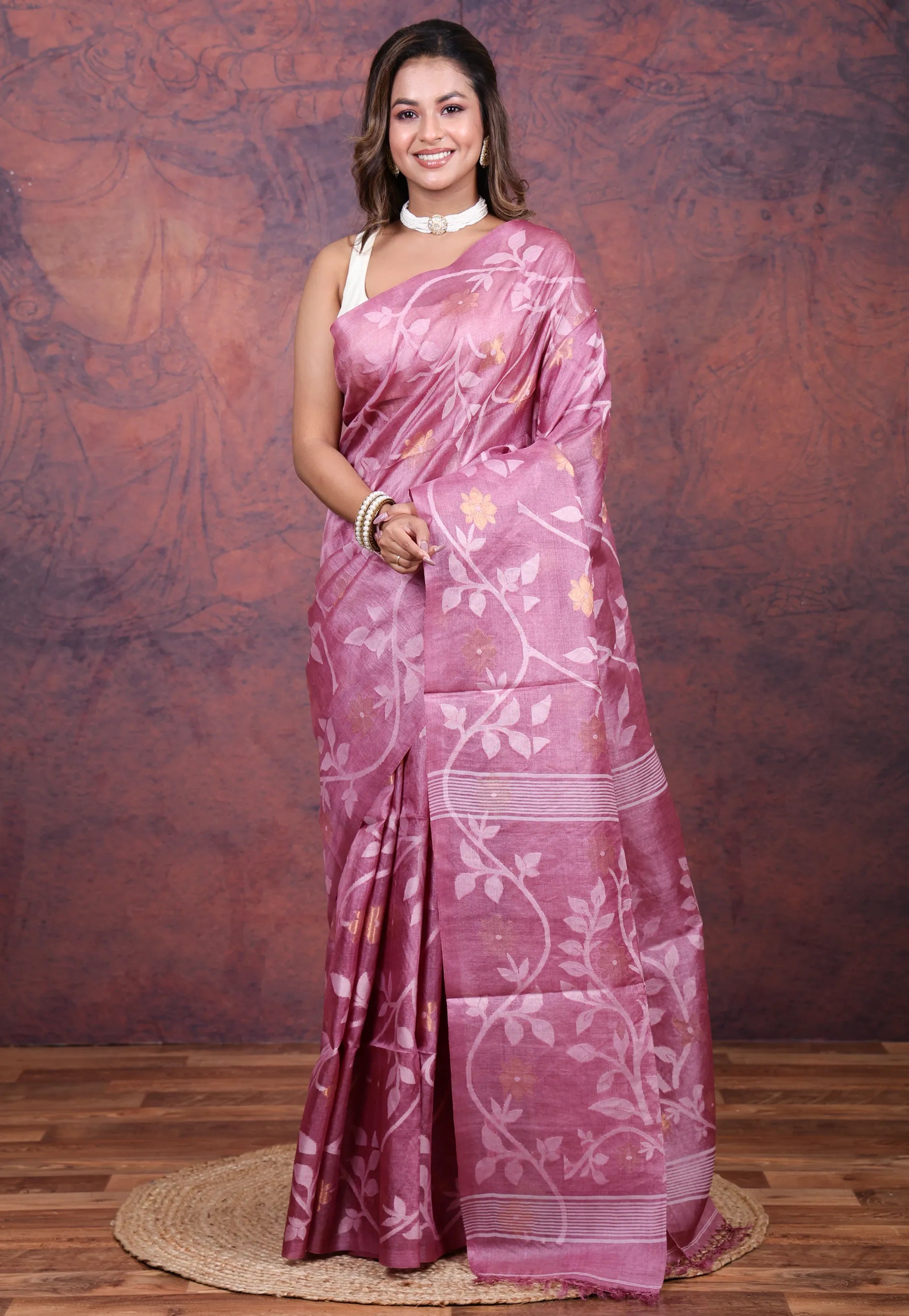 Onion Pink Pure Tussar Dhakai Jamdani Saree with Blouse Piece - Adi Akshoy & Co.