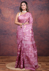 Onion Pink Pure Tussar Dhakai Jamdani Saree with Blouse Piece - Adi Akshoy & Co.