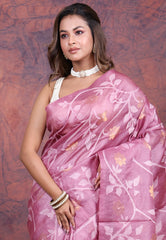 Onion Pink Pure Tussar Dhakai Jamdani Saree with Blouse Piece - Adi Akshoy & Co.