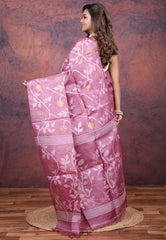 Onion Pink Pure Tussar Dhakai Jamdani Saree with Blouse Piece - Adi Akshoy & Co.
