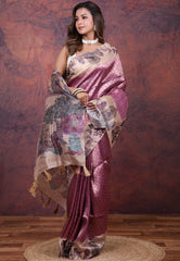 Onion Pink Tussar Kalamkari Silk Saree with Blouse Piece - Adi Akshoy & Co.