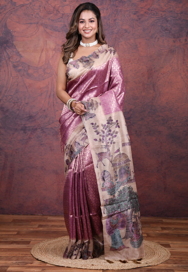 Onion Pink Tussar Kalamkari Silk Saree with Blouse Piece - Adi Akshoy & Co.