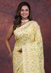 Light Lemon Yellow Kora Silk Saree with Blouse Piece - Adi Akshoy & Co.