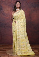 Light Lemon Yellow Kora Silk Saree with Blouse Piece - Adi Akshoy & Co.