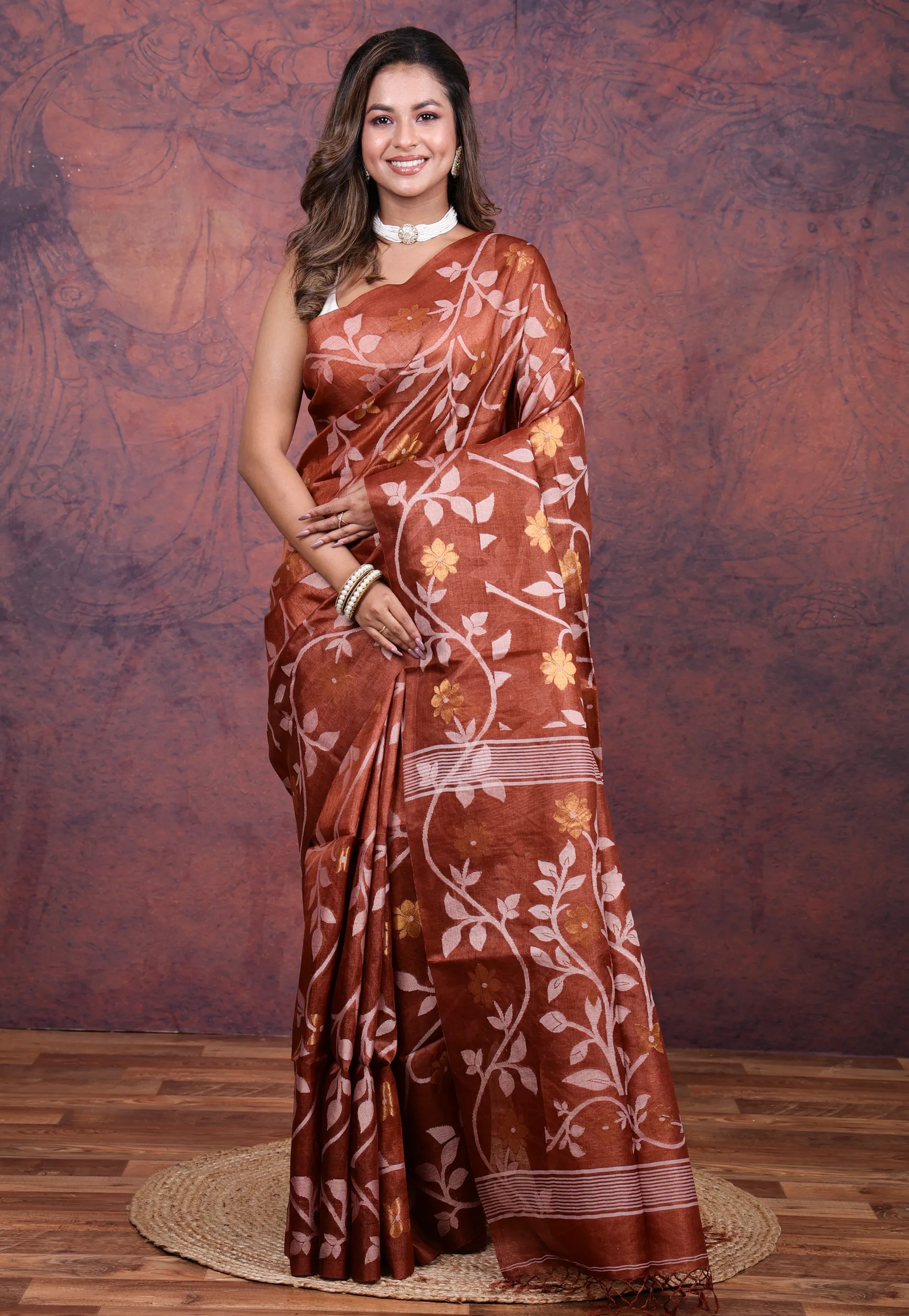 Maroon Pure Tussar Dhakai Jamdani Saree with Blouse Piece - Adi Akshoy & Co.
