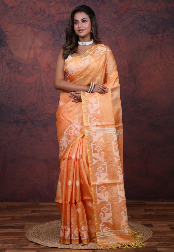 Orange Pure Tussar Dhakai Jamdani Saree with Blouse Piece - Adi Akshoy & Co.
