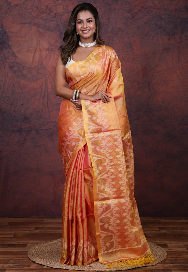 Orange Pure Tussar Dhakai Jamdani Saree with Blouse Piece - Adi Akshoy & Co.