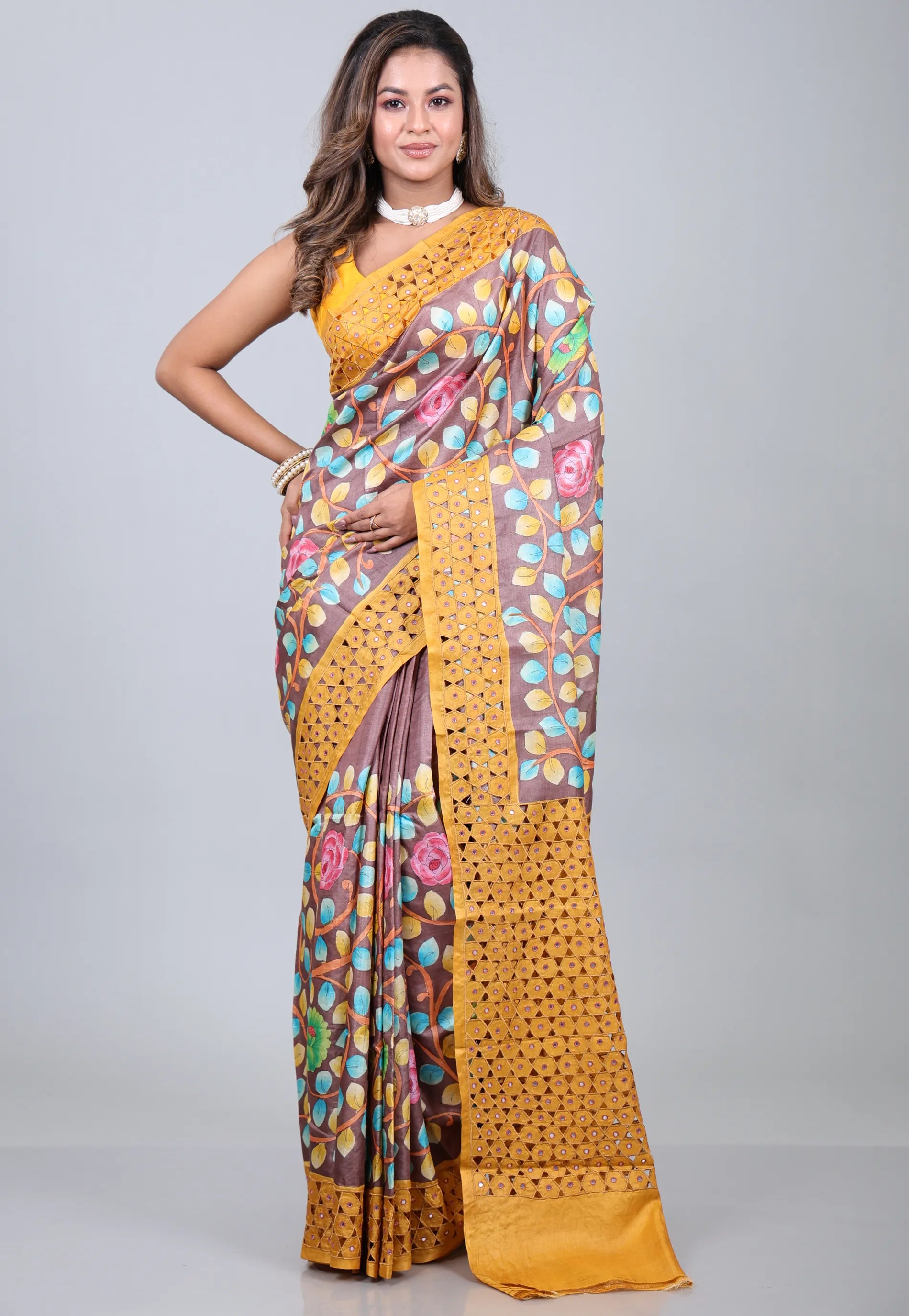 Gray Pure Tussar Kantha Silk Saree With Blouse Piece - Adi Akshoy & Co.
