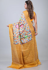 Gray Pure Tussar Kantha Silk Saree With Blouse Piece - Adi Akshoy & Co.