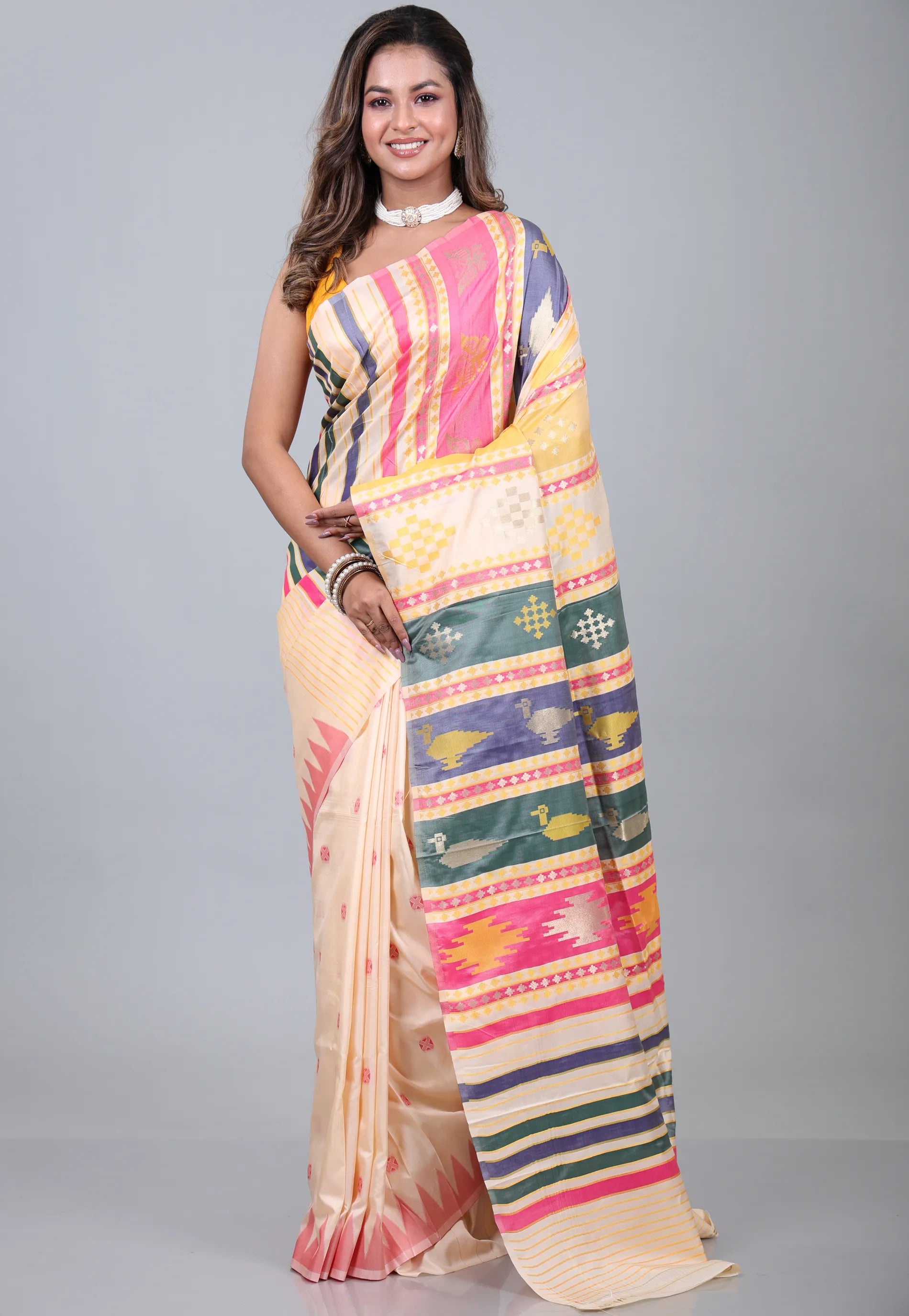 Peach Behrampur Ikkat Silk Saree With Blouse Piece - Adi Akshoy & Co.