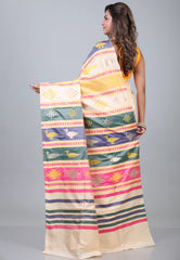 Peach Behrampur Ikkat Silk Saree With Blouse Piece - Adi Akshoy & Co.