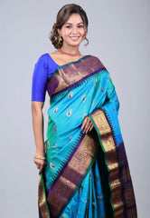 Turquoise Blue Pure Gadwal Silk Saree With Blouse Piece - Adi Akshoy & Co.