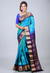 Turquoise Blue Pure Gadwal Silk Saree With Blouse Piece - Adi Akshoy & Co.