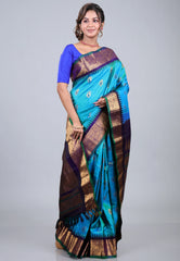 Turquoise Blue Pure Gadwal Silk Saree With Blouse Piece - Adi Akshoy & Co.