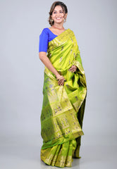 Parrot Green Pure Baluchuri Sornochuri Silk Saree with Blouse Piece - Adi Akshoy & Co.